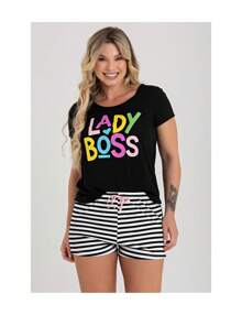 Pijama Curto Loja Zus Listrado Preto Lady Boss Manga Curta - Multicolorido - Visão 1