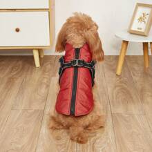 1pc Waterproof Windproof Warm Pet Jacket Zipper Front Reflective Strip Chest Harness Outdoor Coat For Cats & Dogs Winter - Red - View 2