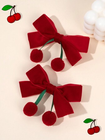 2 piezas Lazos de pelo de cereza para niñas, Lazos de terciopelo rojo con pinzas de cocodrilo, Pinzas de pelo con diseño de fruta linda, Lazos para coletas de niña, Nuevos adornos de lazo para el Año Nuevo, otoño e invierno, Pasadores para el cabello, Accesorios para el cabello de mujer, Día de San Valentín