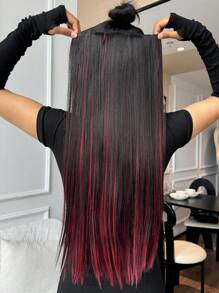 (Schwarz + Blau Klavier Farbe) Lange gerade Haarverlängerung mit 5 sicheren Clips, Haarverlängerung in Klavierfarbe, 24 Zoll lange gerade, hitzebeständige synthetische Faser Perücke für den täglichen Gebrauch und Partys