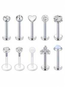 16g 10 Stücke Knorpel Ohrringe ohne Gewinde zum Einsetzen für Helix, Conch, Tragus Piercing, Flachkopf Ohrringe ohne Gewinde, Plastiklabret Schmuck für Lippenpiercing, 6mm 8mm 10mm Medusa Piercing Schmuck