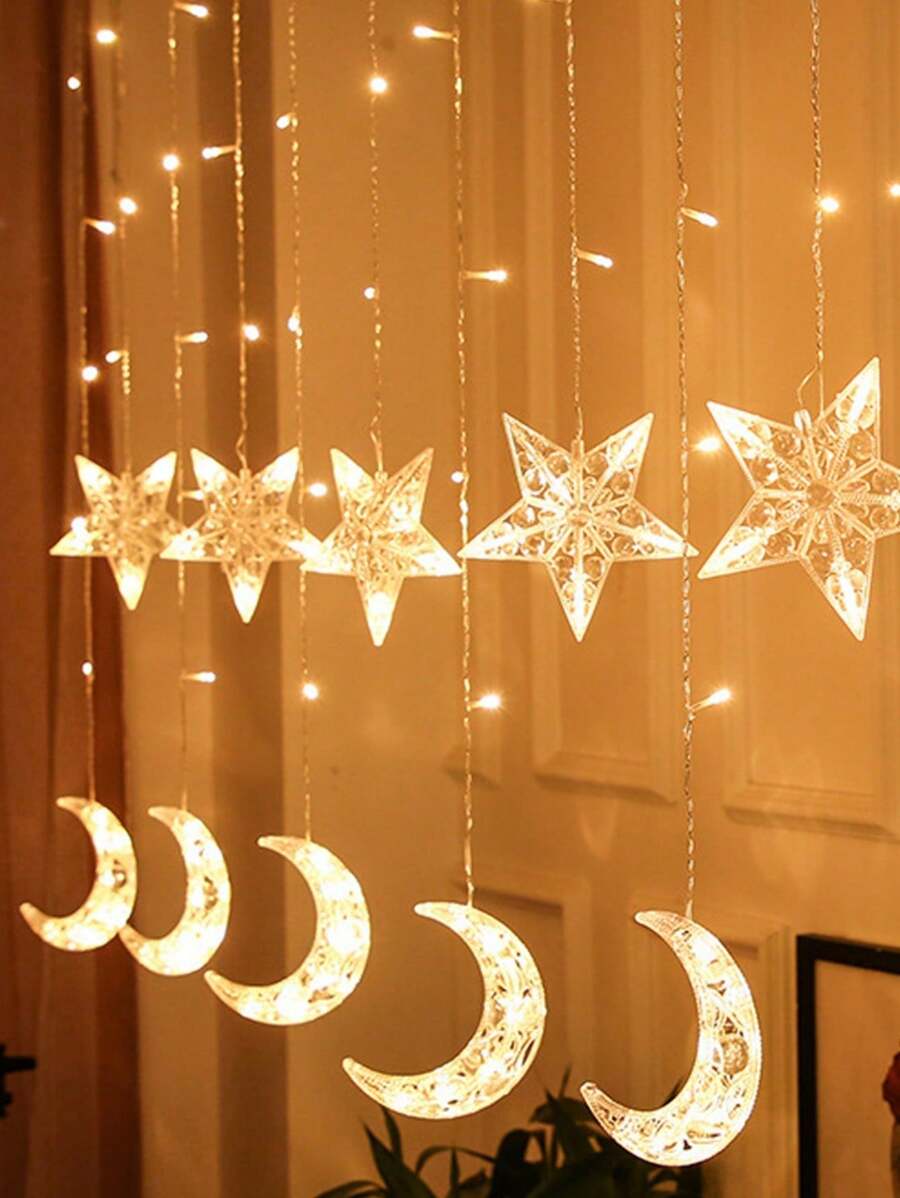 1条115颗LED灯珠的2.5米*0.8米镂空亚克力星月帘灯，2米电源线，电池供电，家居装饰镂空星月帘LED灯，适用于斋月、节日、露营、办公室装饰