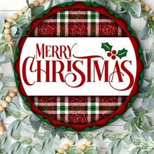 1pc/2pcs Autumn Christmas Happy Plaid Wooden Sign, 7.87X7.87inch Wreath Wooden Board, 2D Flat Printing Round Wooden Board, Christmas Atmosphere Decor, Suitable For Home, Fireplace, Doorway, Wall, Christmas Decoration, Christmas Wreath Wooden Board Home Decor Christmas Decorations Room Decor