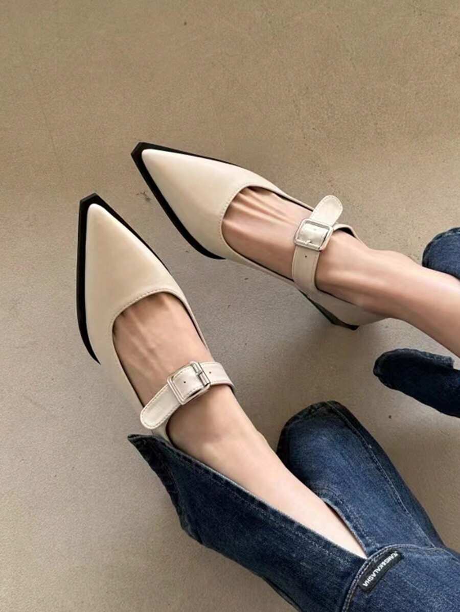 Retro Phong cách Anh quốc Dày Gót chân Giày Mary Jane Đối với phụ nữ Với Tiếng Pháp Pointed Toe , Đen , Hoàn hảo Phù hợp Đối với In Mùa Xuân Và Mùa thu - Màu be - Xem 1