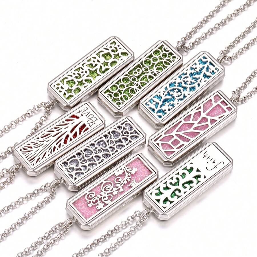 New Rectangular Aromatherapy Necklace Diffuser Jewelry Hollow Out Magnetic Locket Pendant Necklaces Scent Perfume Essential Oil Diffuser Necklace Women Sweater Chain Necklaces