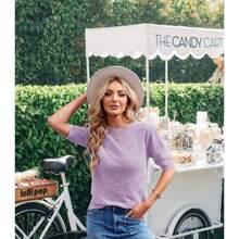 Summer Tops For Women Short Sleeves Pullover Sweaters For Women Knit Blouse For Women Cute Dot Sweater Shirt - 紫色 - 查看 2