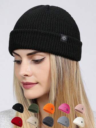 1pc Women Plain Fabric NY Tag Knitted Beanie Hat For Autumn & Winter Daily Wear