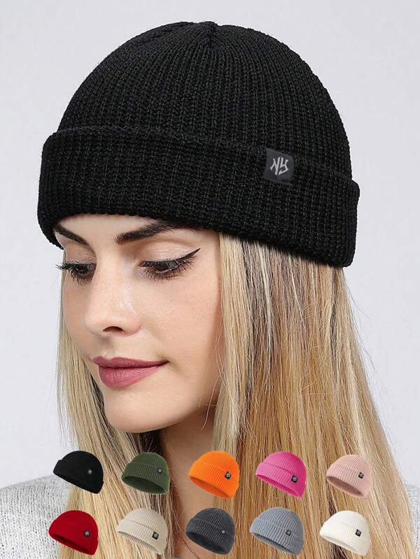 1 pieza Gorro de punto de tela simple con etiqueta NY para mujer para uso diario en otoño e invierno