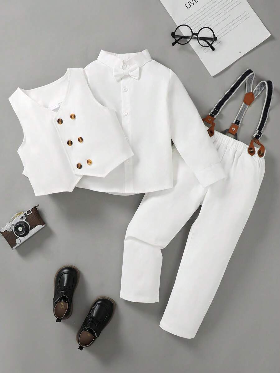 Young Boy Formal Suits Set - Long Sleeve Shirt And Waistcoat Jacket And Detachable Suspender Pants, Stylish School/Party/Wedding Outfit - White - View 1