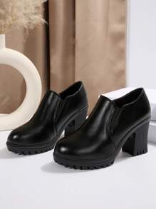 Women's Solid Color High Chunky Heel Short Boots, Black Non-Slip Casual Comfortable Short Boots,Wear With Black Dress
