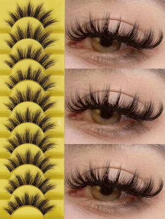 SHEIN X Milania 10 Pairs Thick 3D Multi-Layer DD Curly Russian Volume False Eyelashes, High Curl Degree, Dense & Bold Whole Piece Eyelash Extensions