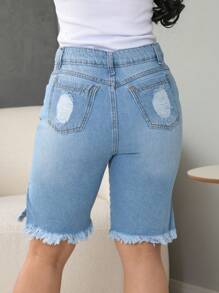 Women's High Waist Bermuda Jeans Shorts, Jorts Model - 淺色水洗藍 - 查看 2
