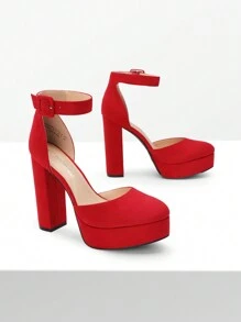 Women's High Chunky Heels Pumps Elegant Solid Color Platform Ankle Strap Dress Round Closed Toe Wedding Party  Fashionable Comfortable Shoes - Red - View 5
