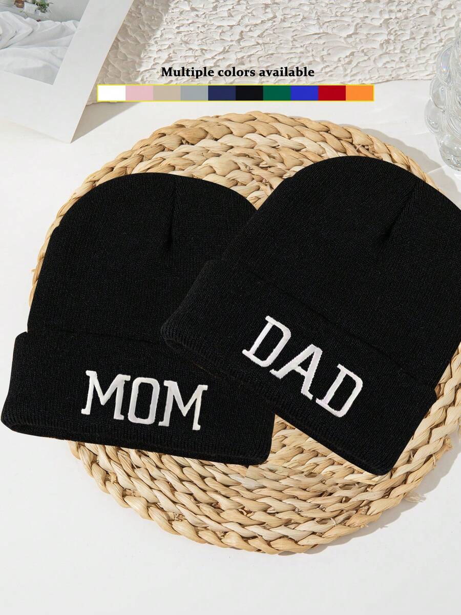 1pc Unisex Thick "MOM DAD" 3D Embroidered Outdoor Sports Skiing Letter Casual Street Acrylic Knit Beanie Hat