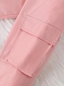 2 piezas Conjunto de sudadera de manga larga de unicolor acanalado y pantalones deportivos casuales con bolsillos para niña joven, otoño/invierno - Rosa - Ver 8