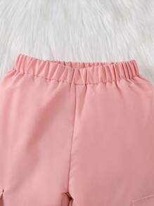 2 piezas Conjunto de sudadera de manga larga de unicolor acanalado y pantalones deportivos casuales con bolsillos para niña joven, otoño/invierno - Rosa - Ver 3