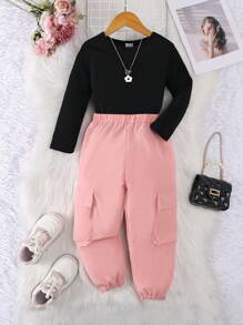 2 piezas Conjunto de sudadera de manga larga de unicolor acanalado y pantalones deportivos casuales con bolsillos para niña joven, otoño/invierno - Rosa - Ver 1