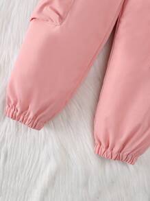 2 piezas Conjunto de sudadera de manga larga de unicolor acanalado y pantalones deportivos casuales con bolsillos para niña joven, otoño/invierno - Rosa - Ver 4