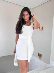 SJD MODA LADY SHORT DRESS TAILORED WOMEN'S CUSTOM WITH ELEGANT BELT WIDE BAND - 透明白色 - 查看 1