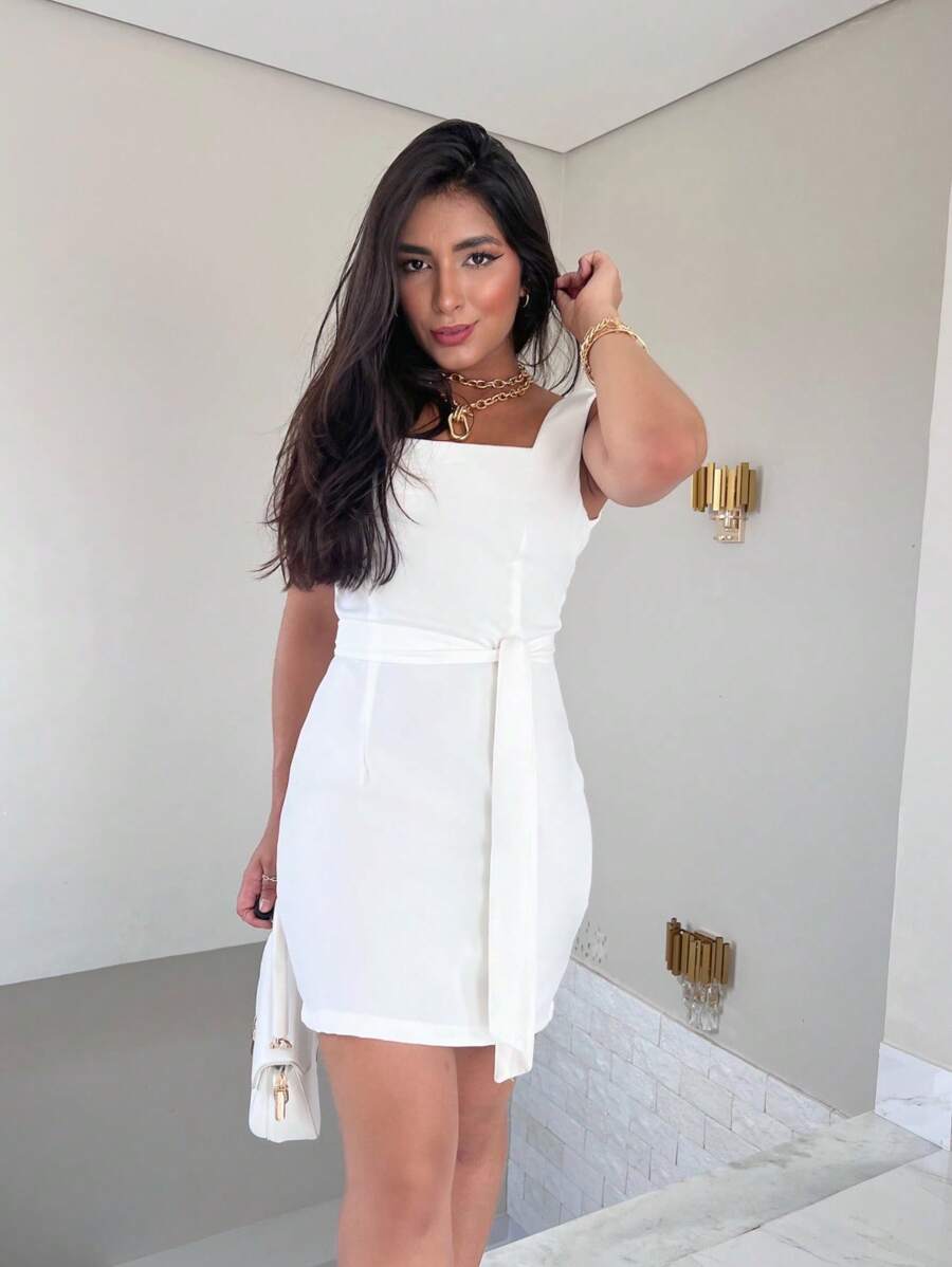 SJD MODA LADY SHORT DRESS TAILORED WOMEN'S CUSTOM WITH ELEGANT BELT WIDE BAND - 透明白色 - 查看 1