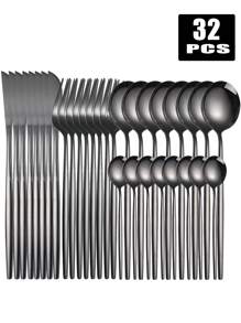 4/16/24/32 件葡萄牙不锈钢餐具套装，牛排刀叉勺，适用于家庭、餐厅、派对、节日礼物圣诞礼物