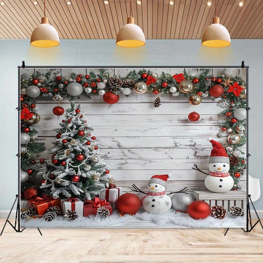 1 Stück, Weihnachten Hintergrundfahne aus Polyesterfaser mit Schneemann- und Baum-Design - Fotohintergrund für Feiertage, geeignet für Partys und Outdoor-Dekoration, ohne Strombedarf - Mehrfarbig - Übersicht 1