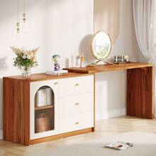 LITTLE TREE Modern Makeup Vanity With 3 Drawers And Cabinet, Retractable Large Makeup Corner Dressing Table For Bedroom, Living Room - Óc chó + Trắng - Xem 2