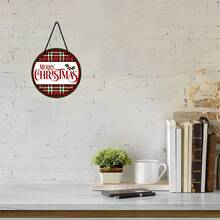 1pc/2pcs Autumn Christmas Happy Plaid Wooden Sign, 7.87X7.87inch Wreath Wooden Board, 2D Flat Printing Round Wooden Board, Christmas Atmosphere Decor, Suitable For Home, Fireplace, Doorway, Wall, Christmas Decoration, Christmas Wreath Wooden Board Home Decor Christmas Decorations Room Decor