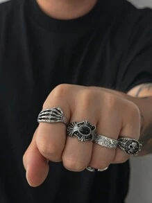 Bộ 5 nhẫn mặt đầu lâu phong cách Gothic, trang sức Hip Hop thời trang đường phố dành cho nam - Màu Bạc Cổ - Xem 2