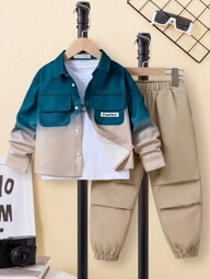 2pcs/Set Young Boy Gradient Lapel Utility Shirt And Pants Outfit, Casual Outdoor Clothing For Autumn