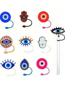 10/20 件可重复使用硅胶吸管盖 - 防尘可重复使用硅胶盖适合 30 盎司和 40 盎司水瓶 - 紧密贴合，设计醒目，适合 8-10 毫米吸管，易于清洁，派对用品，万圣节，圣诞节礼物 - 彩色 - 查看 8