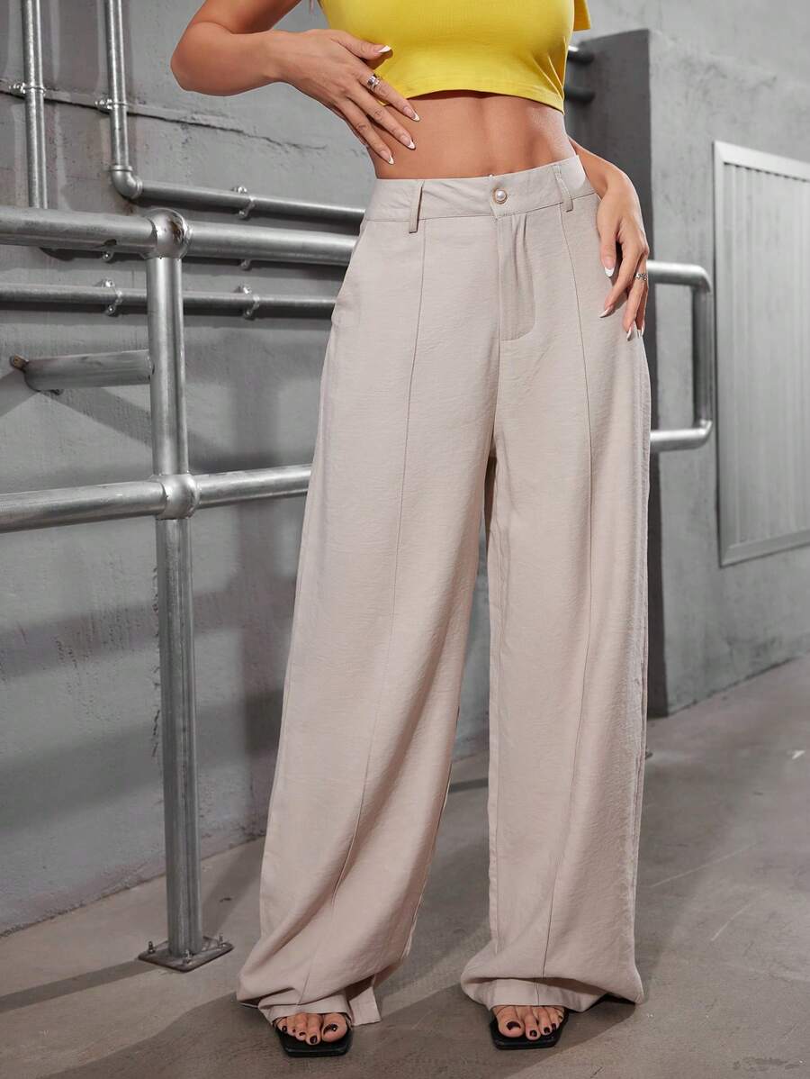 ADD MODA FEMININA EIRELI- AS1322 Wide Leg Pants, Bell Bottom, High Waist, Button Closure, High Waist, Elegant Romantic Fabric, Formal, National Shipping, New Collection 2024 - 米色 - 查看 1