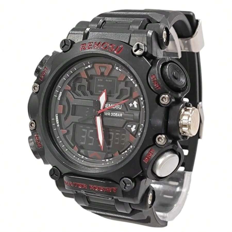 Men's Digital And Analog Watch With Dual LED Light From Remosú - Vòng tay màu đen phối đỏ - Xem 1