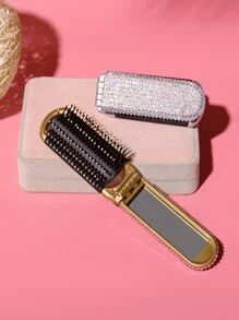 1pc Folding Comb With Attached Mirror, Miniature, Portable, Rhinestone Decorated, Cushion Brush, Hd Makeup Mirror, High-End Luxury Hair Brush, Back To School Supplies - Multicolor - View 9