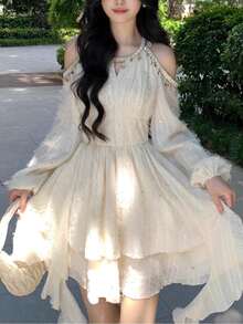 Women's Chic Asymmetrical Ruffles Long Sleeve Cold Shoulder Sequin Shell Decoration Dress