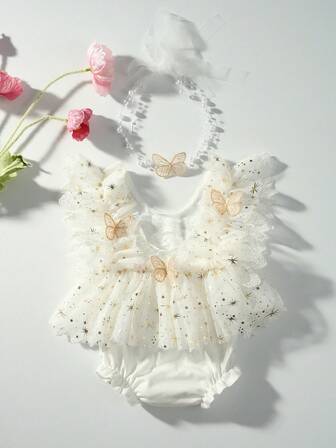 Set de 2 piezas de outfit de sesión de fotos para recién nacido niña, body con estampado de estrella brillante con encaje y diadema, decoraciones y regalos para baby shower, regalo de pascua para niñas/niños