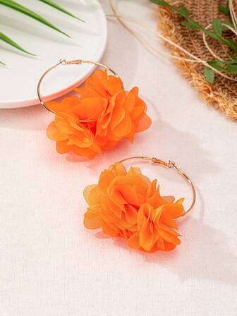 2pcs/Set Bohemian Style Orange Floral Fabric Earrings, Suitable For Women's Party And Holiday Gifts