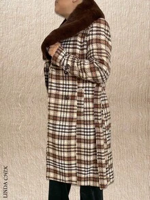 Abrigo largo de tela tipo lana con peluche en cuello - Café integral - Ver 4