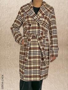 Abrigo largo de tela tipo lana con peluche en cuello - Café integral - Ver 2