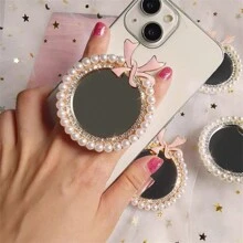 1pc Mobile Phone Makeup Mirror Stand Women's Faux Pearl Rhinestone Mirror Ins Women's Creative Ring Buckle Mobile Phone Back Stick Support/Bow Mirror Mobile Phone Stand Ins Niche Wind Retractable And Rotatable Back Stick Mobile Phone Stand Compatible With IPhone, Android Phone, Gift For Birthday, Family, Friends Push-Pull Phone Grip, Phone Holder, Phone Accessories