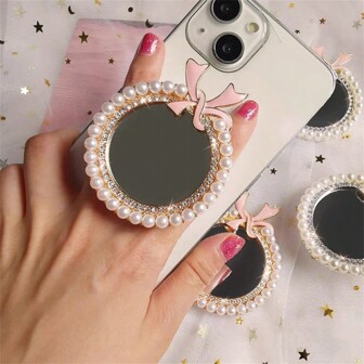 1 pieza Soporte para espejo de maquillaje de teléfono móvil con perlas falsas y cristales para mujeres, hebilla de anillo creativa, soporte adhesivo para la parte posterior del teléfono móvil, compatible con iPhone y teléfonos Android, regalo para cumpleaños, familia y amigos, agarre y soporte de teléfono móvil retráctil y giratorio