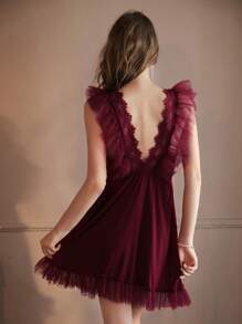 1件性感蕾丝拼接透视网纱吊带睡裙，女士圣诞派对睡衣，宽松睡裙 - 酒紅色 - 查看 3