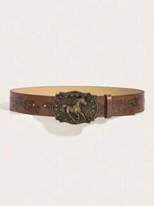2 件套西部牛仔风格复古扣 PU 皮带，女士百搭牛仔裤，黑色漆扣，随机漏带，夏季、学校秋季、秋季、万圣节 - 彩色 - 查看 2