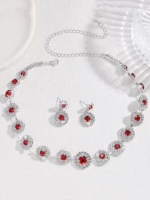 3pcs Sparkling Rhinestone Bridal Jewelry Set Including Earrings And Necklace, Elegant Party Style - Red - View 4