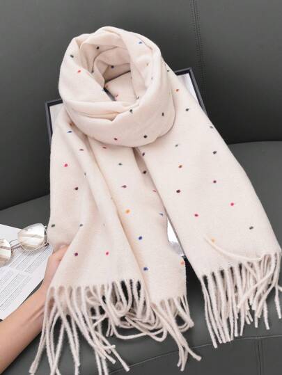 1 pieza Bufanda de mujer blanca, dulce y casual de lujo de cachemira sintética - Súper suave, cálida y cómoda, no elástica, a prueba de frío con elegante flecos, perfecta para otoño e invierno, chal de moda