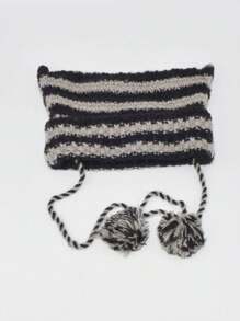 1 Chiếc Mũ Len Dệt Kim Có Họa Tiết Sọc Ngựa Vằn Dễ Thương Cho Nữ Với Vành Tai Và Pom Pom, Có Thể Điều Chỉnh - Màu xanh lam - Xem 2