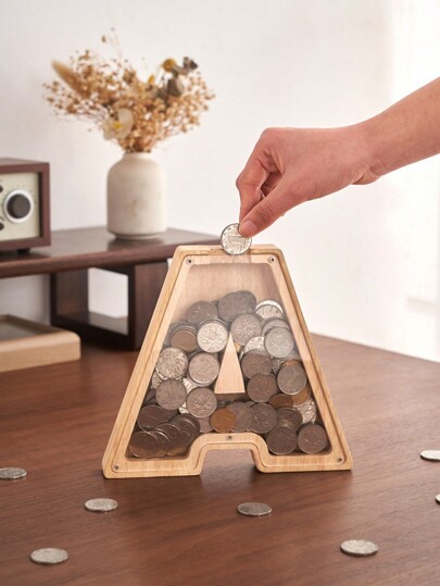 1pc Cofrinho de madeira com letras em inglês, Pote de poupança de madeira transparente, Caixa de dinheiro decorativa de madeira com 26 letras em inglês, Presente de Natal requintado e moderno para o aniversário de Ação de Graças