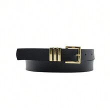 Kit 2 Women's Belt Square Gold Buckle Detailed Loop Current Fashion Winter Summer 96050K2 - 黑色和米色 - 查看 3