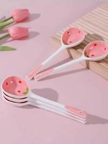 1/4/6/8/10 件粉色草莓陶瓷勺长柄汤勺家居用品勺甜点勺套装学校用品，返校，适合家庭聚会和圣诞节假期 - 彩色 - 查看 5
