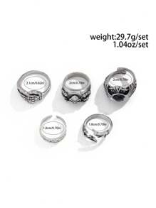 Bộ 5 nhẫn mặt đầu lâu phong cách Gothic, trang sức Hip Hop thời trang đường phố dành cho nam - Màu Bạc Cổ - Xem 6